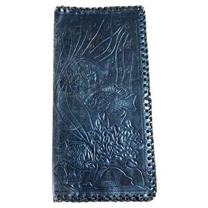 Vintage Hand Tooled Black Leather Checkbook Cover Ocean Fish Scene Design ERG Mo